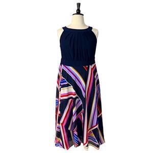 Roz & Ali NEW Dressbarn Blue Pink Stripe Scarf Print Asymmetrical Midi Dress 14W